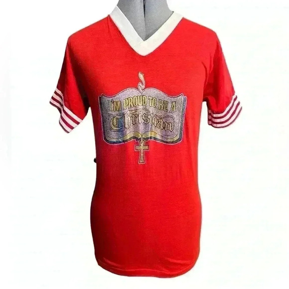sportswear Tops - VTG Proud To Be A Christian Glitter Vinyl USA Ringer T Shirt Sz S